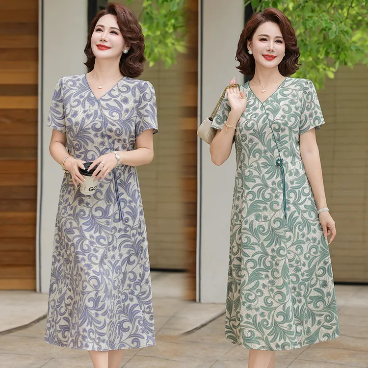 中老年女装夏季气质收腰显瘦雪纺裙子2025新款中年妈妈装
