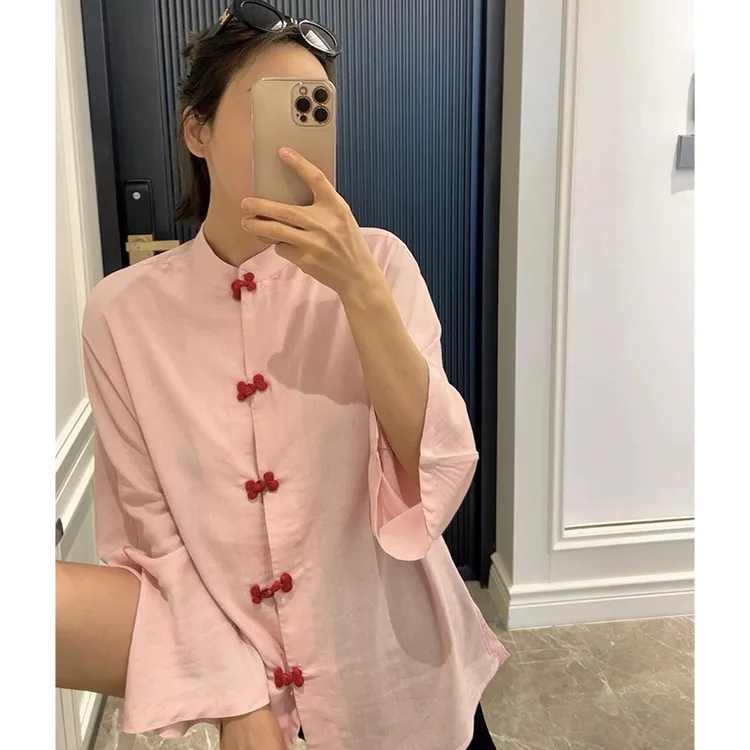 梅丁同款粉色亚麻衬衫女2025秋季高端优雅复古通勤长袖新中式上衣