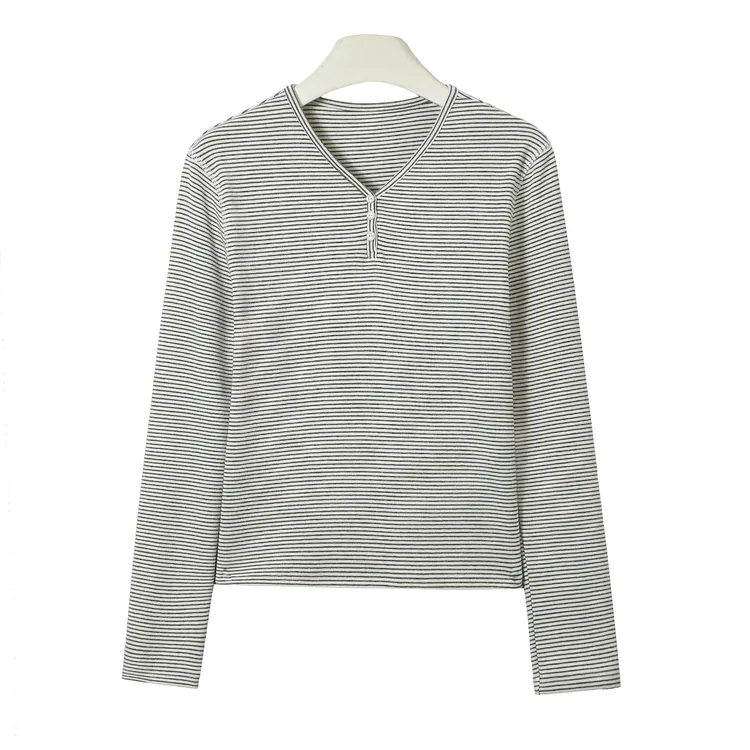 女士V领休闲百搭时尚条纹T恤