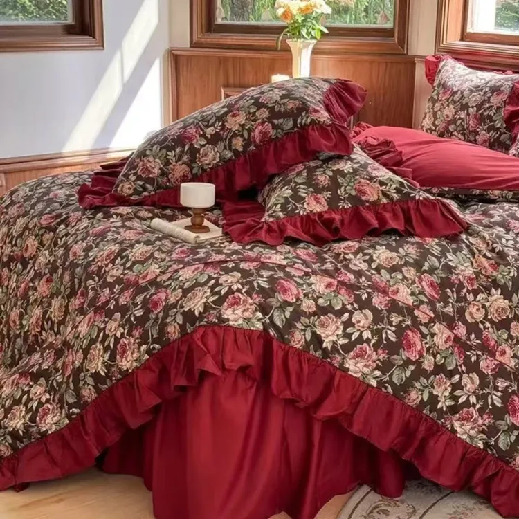 [新疆包邮]酒红色印花绯色花园被套四件套