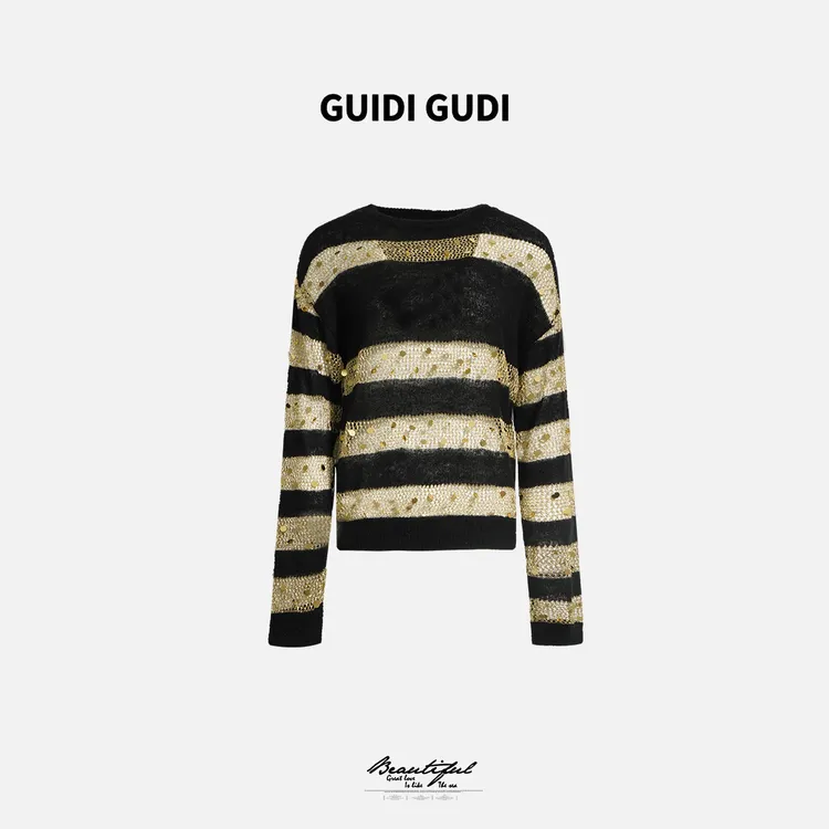 GUIDI GUDI【闪闪夹心】马海绵羊毛长袖套头毛衣/黄加蓝