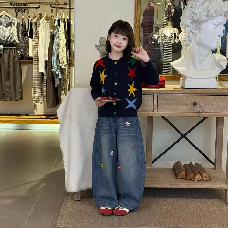 女童星星毛衣小花牛仔裤套装2025春秋新款针织开衫洋气女孩两件套