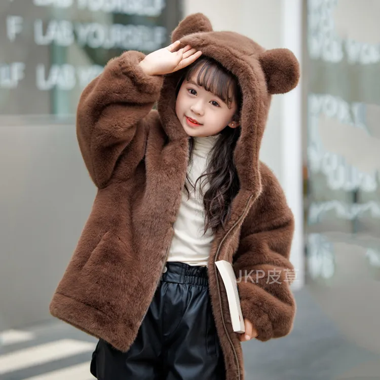 男女童皮草外套加耳朵宝宝毛毛小孩仿水貂毛儿童冬季加厚棉衣洋气