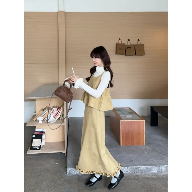 复古设计感花边长袖针织衫吊带背心高腰半身裙2025秋季新款套装女