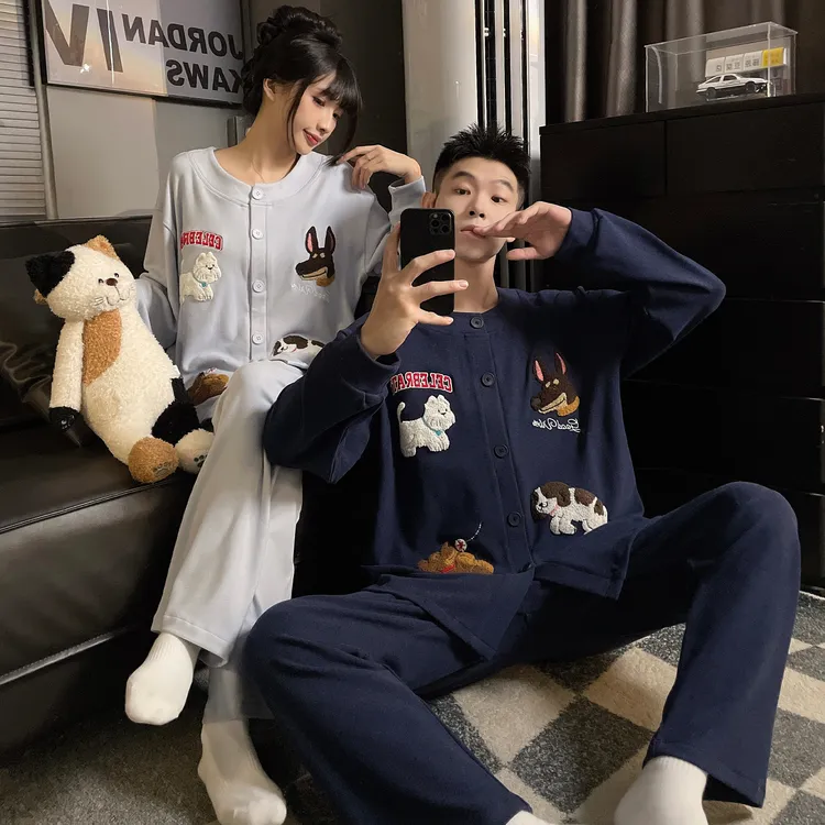 睡衣长袖长裤情侣睡衣男圆领冬季大码德绒保暖可爱卡通深色家居服