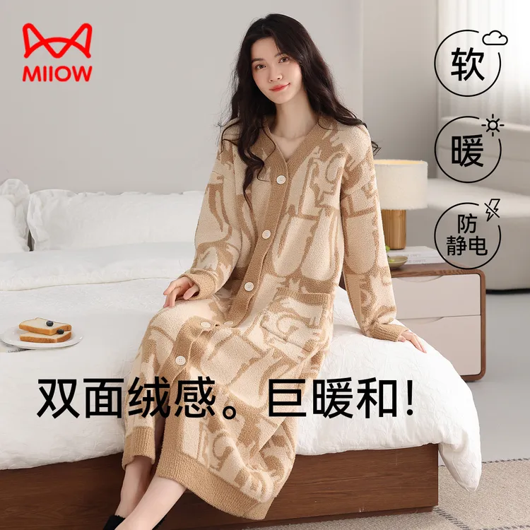 猫人复古睡裙女秋冬季长袖开衫睡衣半边绒中长款连衣裙保暖家居服