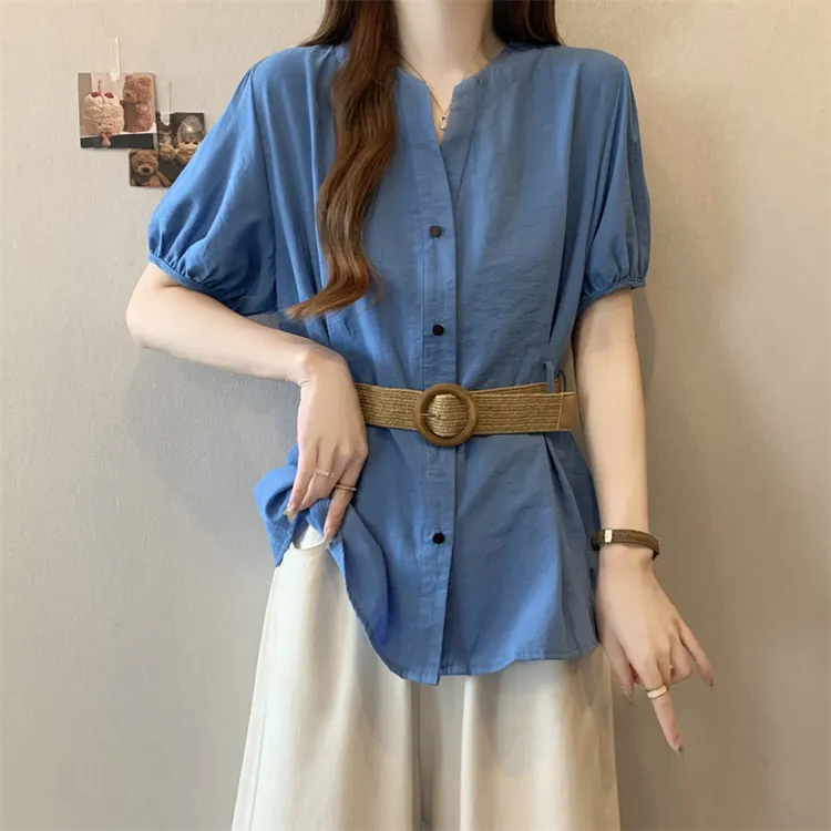 大码设计感V领单排扣纯色短袖衬衫夏季新款休闲百搭收腰显瘦上衣