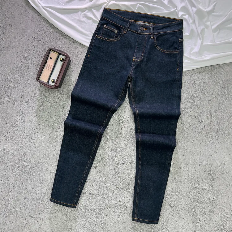 2025秋冬薄绒新款潮牌男士修身牛仔裤美式小直筒复古高街原色长裤