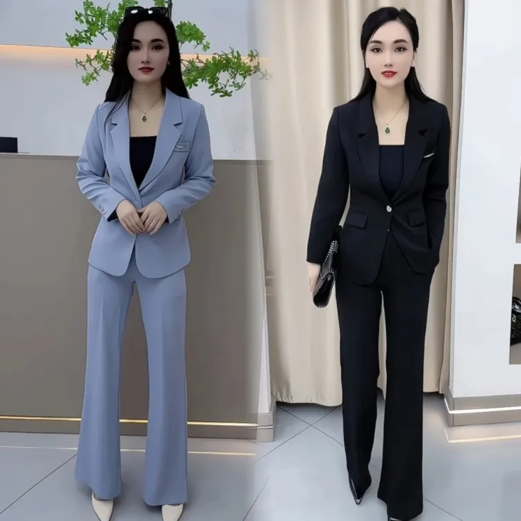 通勤时尚套装韩系西装套装长袖上衣修身春秋显瘦网红气质喇叭裤女