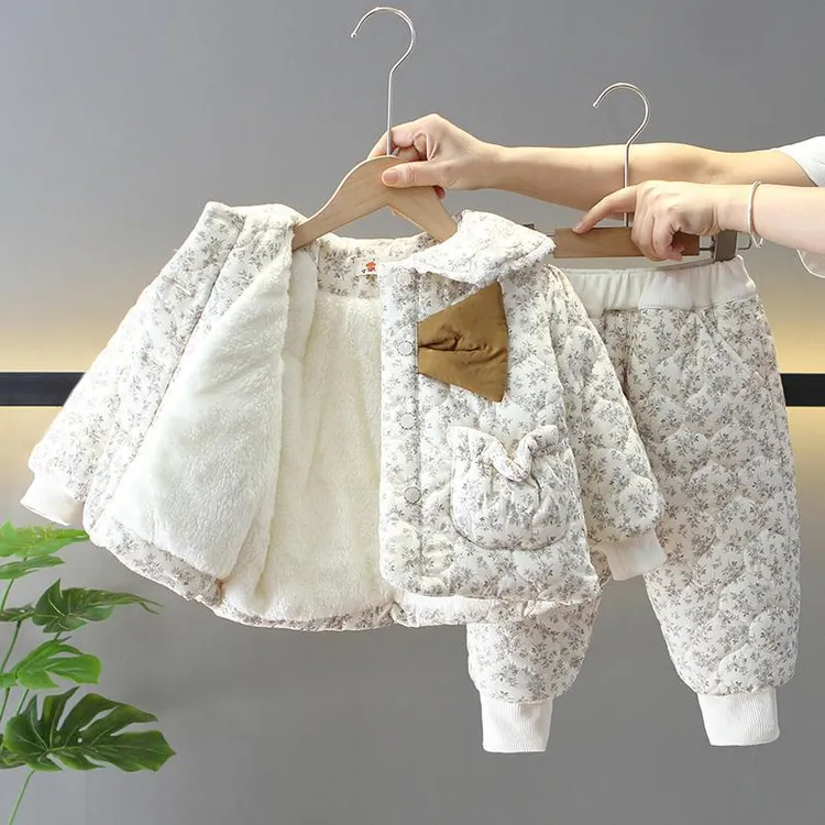 女童冬季棉服2025新款网红女宝宝加绒棉衣两件套洋气宝宝加厚套装