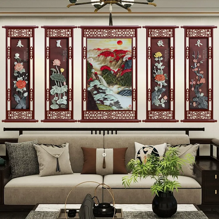 适合沙发背景墙中堂五件套50/120/80120实木框精品玉雕装饰画