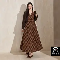 蓝语大码女装秋季美拉德穿搭复古格纹挂脖收腰连衣裙针织开衫套装