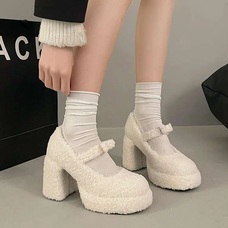 【万达撤柜】复古法式加绒粗跟厚底玛丽珍鞋女2025秋冬新款圆头百