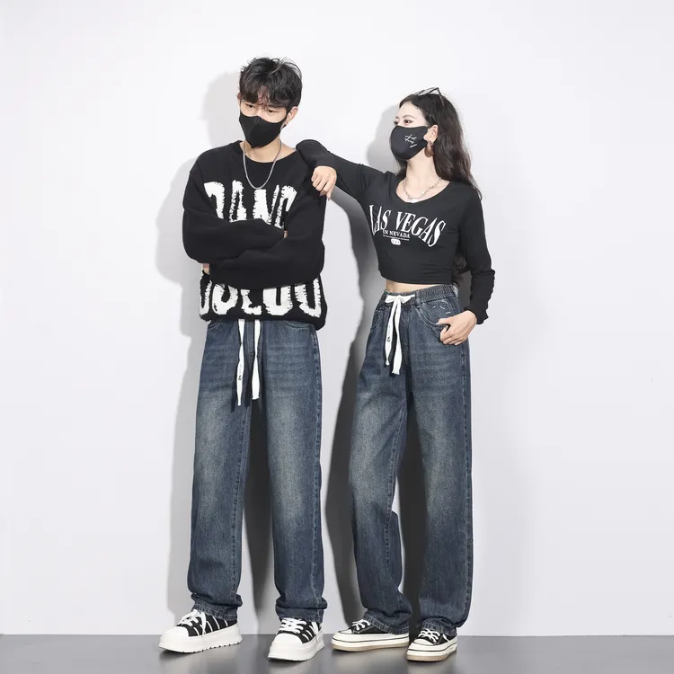 美式高街阔腿松紧腰牛仔裤男女极简情侣潮牌宽松显瘦秋冬直筒裤子