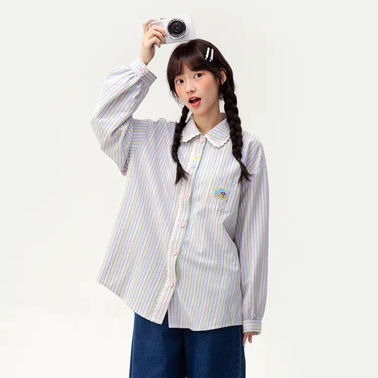 初中生夏秋季韩系条纹衬衫彩色青少年大童设计感上衣C25CC0061W