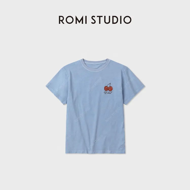 ROMI STUDIO100%棉炒色做旧复古水果印花撞色宽松T恤 RWDASY4277