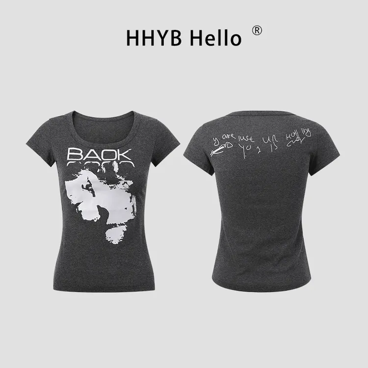 HHYB Hello圆领印花深灰短袖T恤女2025夏新款百搭显瘦上衣250643