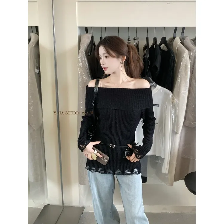 设计感不规则百搭显瘦一字翻领针织小衫女装秋季新款韩系套头上衣