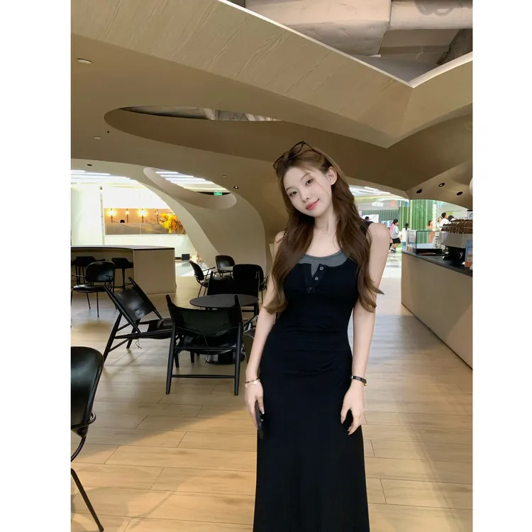 SZA【巴黎之夜】夏季新款气质绝美假两件U领显瘦吊带连衣裙A-2111