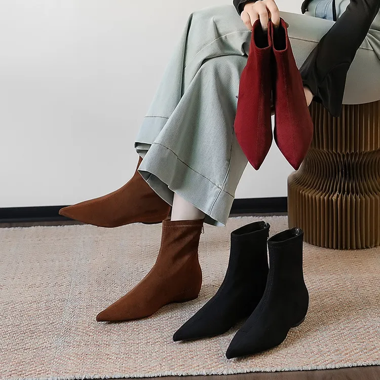增高短靴四季时尚手抓纹真皮尖头平底短靴英伦风百搭内增高靴子女