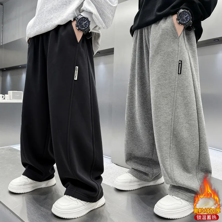 男童冬装加绒加厚卫裤2025年秋冬新款中大童宽松阔版百搭潮弯刀裤