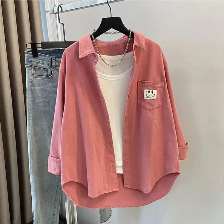笑脸口袋设计感衬衫女长袖春秋新款宽松百搭休闲叠穿衬衣女外套