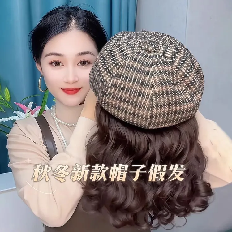 帽子假发一体式短卷发全头套洋气千鸟格八角帽妈妈款短卷发假发帽
