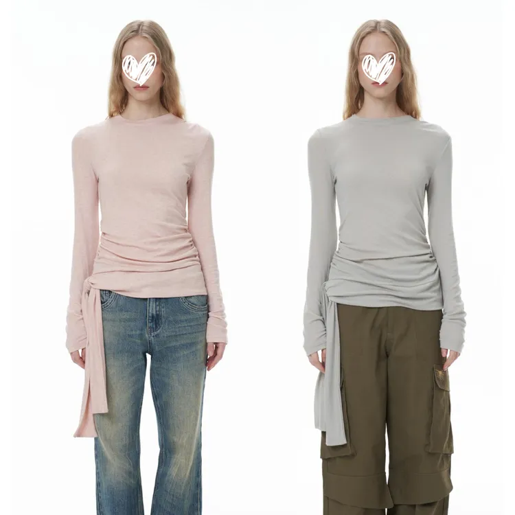 YIDNEG侧边系带长袖T恤2025春季设计感抽褶修身显瘦打底上衣