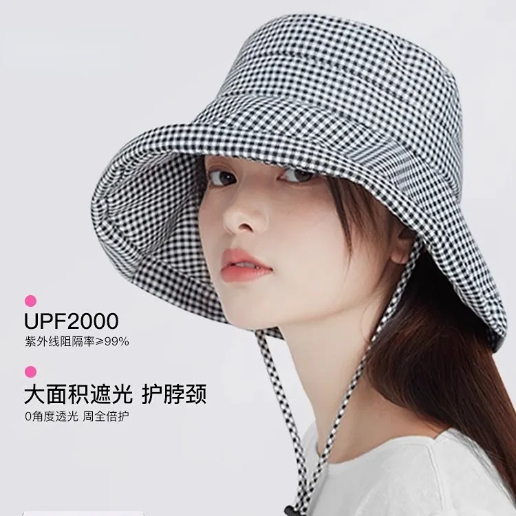 千鸟格渔夫帽夏季太阳女防紫外线防晒帽大帽檐沙滩遮阳帽