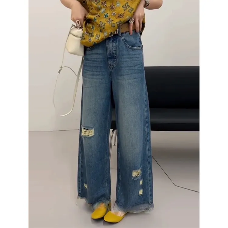 美式复古水洗做旧破洞牛仔裤女2025夏季新款遮跨显瘦九分阔腿裤子