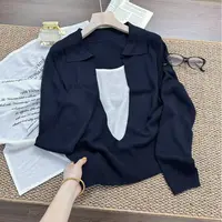 买手设计款~洋气显白 拼色假两件设计翻领针织衫Y8111藏青