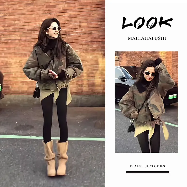 冬季新款棉服外套复古迷彩翻领短款宽松派克服洋气减龄夹克外套潮