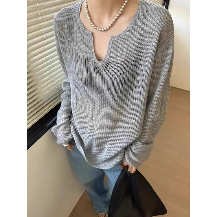 韩版百搭V领慵懒风女夏季气质冰丝镂空针织衫女宽松显瘦套头上衣