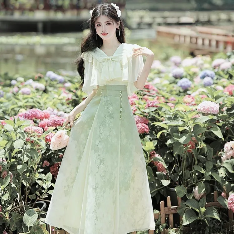 改良汉服国风新中式连衣裙12岁大童15初中学生少女森系裙子套装夏