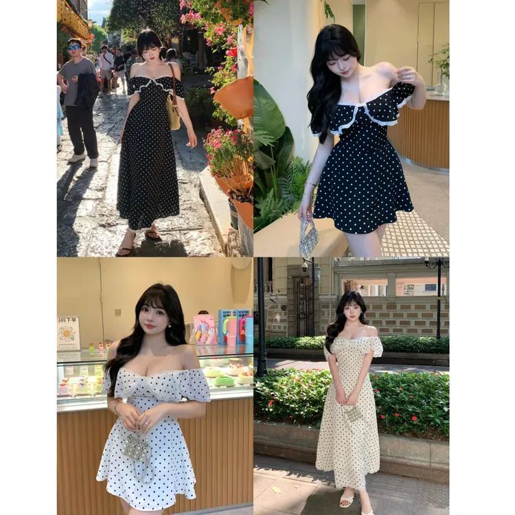 MengFairy现货【魅力磁场】显瘦波点多穿撞色收腰连衣裙5163 5375