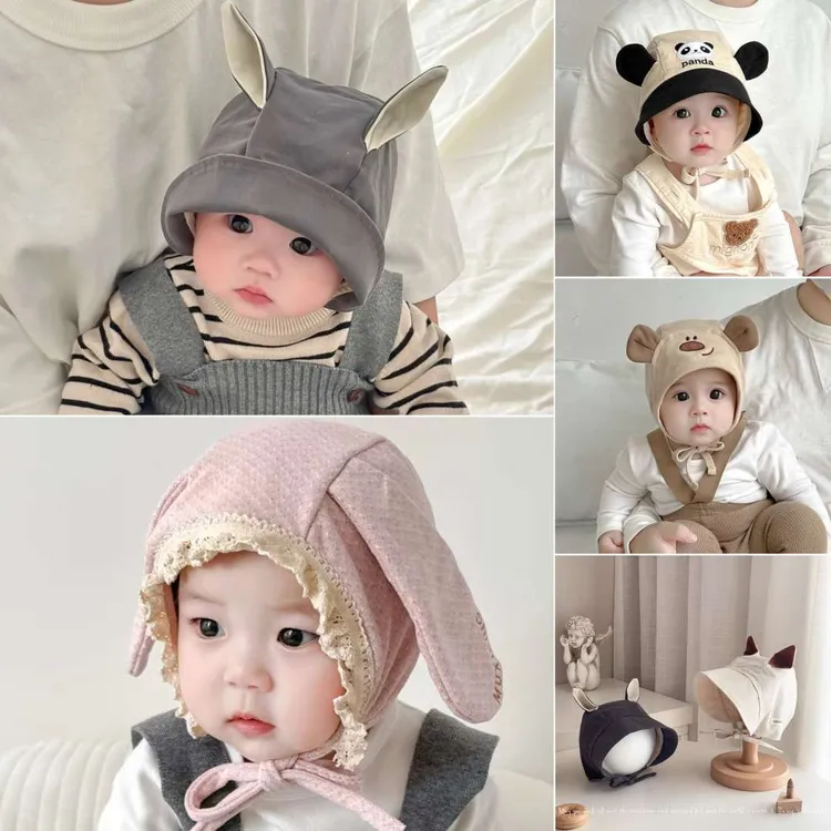 可爱小耳朵出游系带套头帽婴儿帽子春秋薄款宝宝遮阳防风帽大帽檐