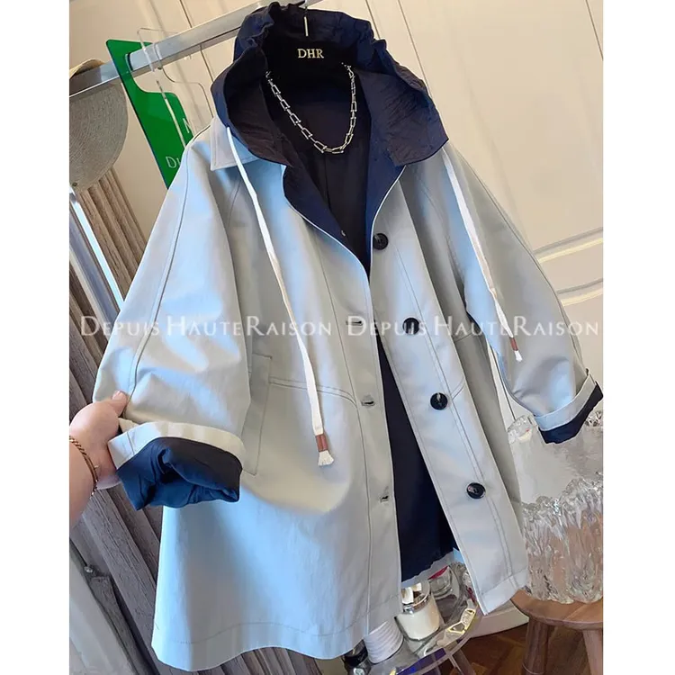 【法夏尔严选】高级感撞色假两件连帽风衣外套女宽松中长款2025年新