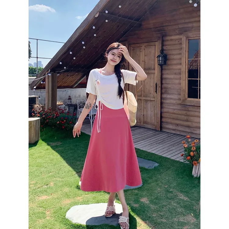 实拍休闲法式花朵抽绳显瘦百搭短袖上衣+粉色吊带裙时尚套装