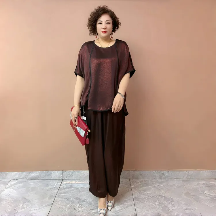 2025夏季大码复古高端轻奢提花上衣宽松休闲阔腿裤遮肉妈妈两件套