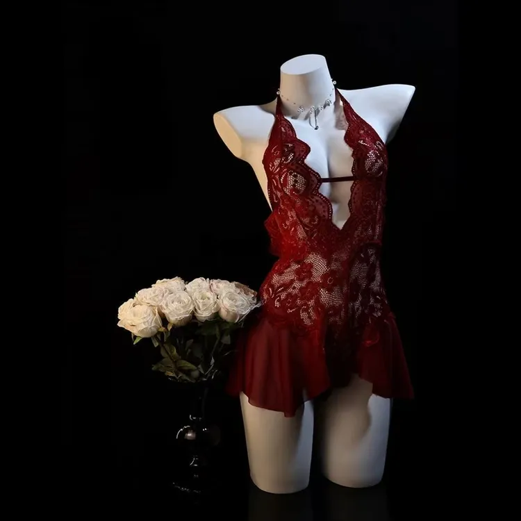 (80-200斤）红色挂脖睡裙纯欲风百搭甜美性感夏季睡衣