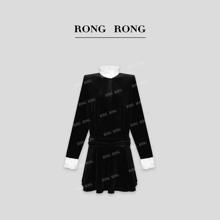 溶溶【星夜玫瑰】RONGRONG 法式木耳边拼接丝绒连衣裙ZFQ6L6588A