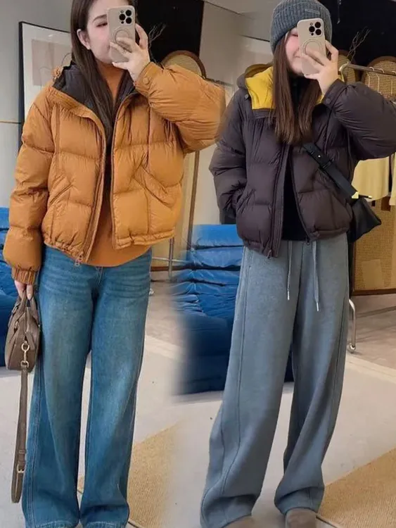 韩系短款连帽羽绒服女短款冬季保暖时尚外套高级感保暖白鸭绒外套