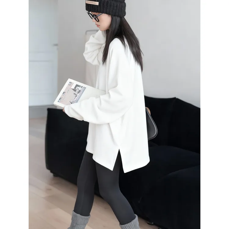 软糯磨毛长袖T恤女秋冬加绒内搭配鲨鱼裤宽松中长款遮屁股打底衫