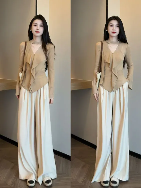 入秋松弛系设计感飘带V领上衣+休闲裤阔腿两件套