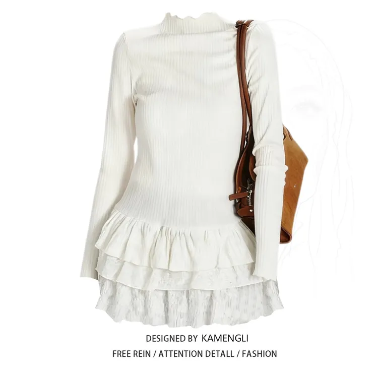 大码胖MM韩系纯欲风半高领长袖针织T恤女秋冬花边内搭打底衫上衣