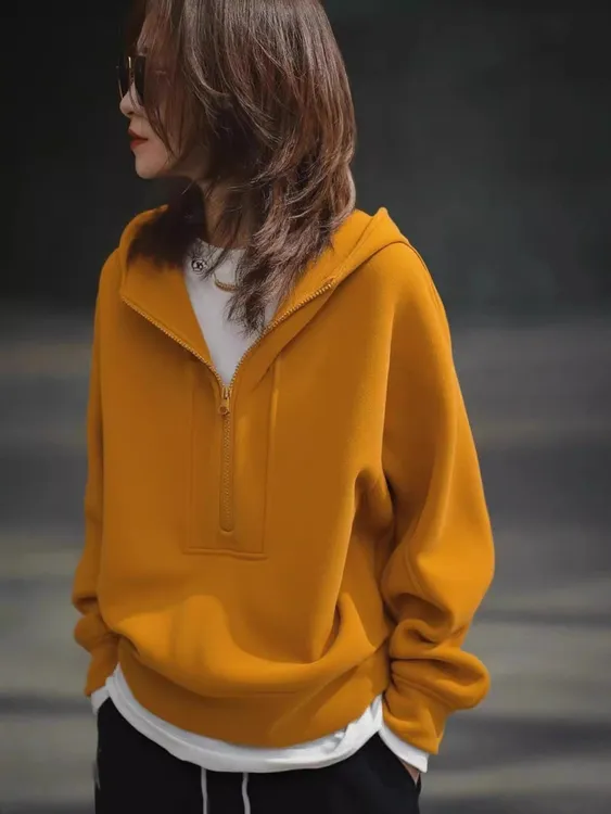 橙色半开领拉链连帽卫衣女款2025秋新款时尚洋气减龄百搭休闲上衣