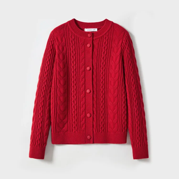 [纯羊毛]女士秋冬通勤加厚保暖特厚纯羊毛重工绞花羊毛开衫5013