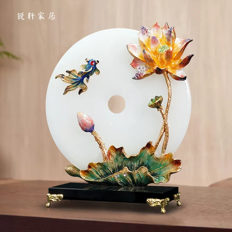 《荷塘月色》平安扣摆件高档珐琅彩工艺荷花新中式客厅玄关家居饰品