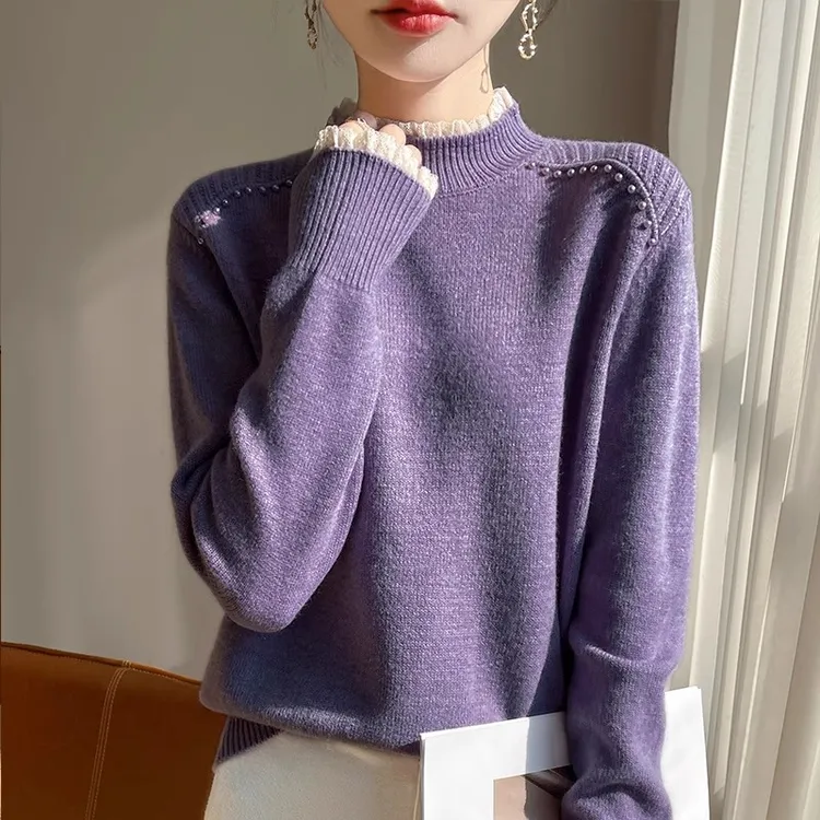 春竹精品羊绒半高领花边双肩钉珠新款时尚洋气百搭女装毛衣秋冬