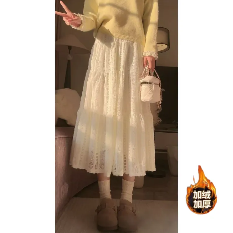 白色拼接气质蛋糕裙早春款2025新款显瘦韩版a字长裙加绒半身裙女